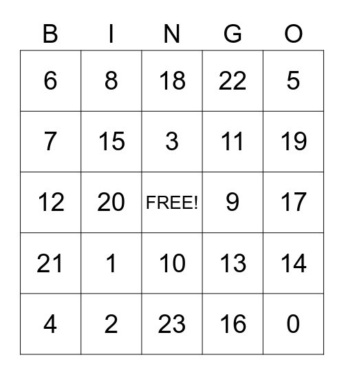 Numbers 1 - 20 Bingo Card