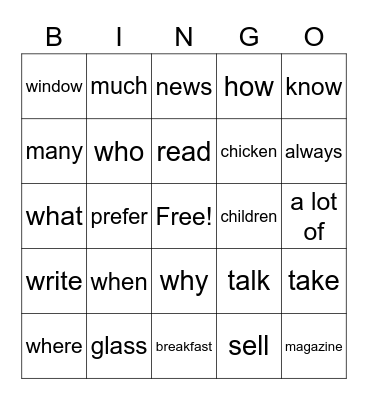 Teens 1 Bingo Card