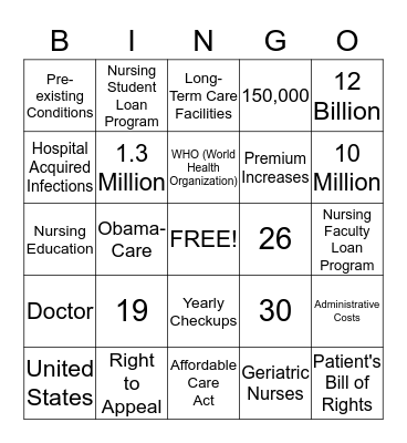 Affordable Care Act Bingo Card