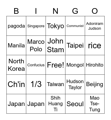 5th Chinese Bingo Card