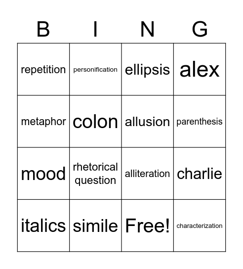 Figurative Lanague Bingo Card