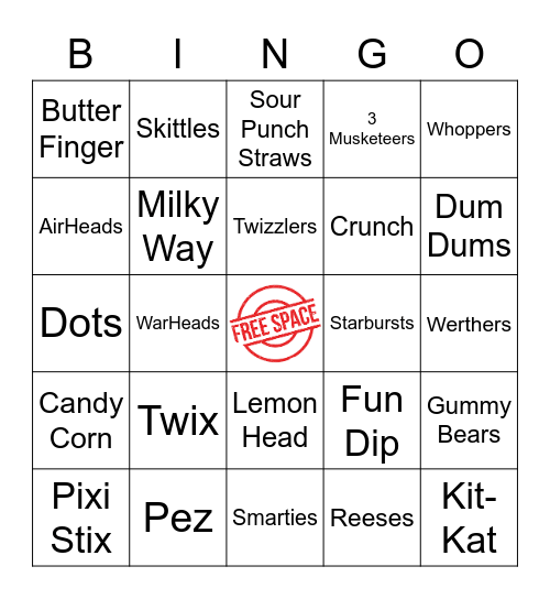 Candy..Remember to contact the BINGO BASE as soon as you BINGO either HORIZONTALLY, DIAGONALLY or VERTICALLY!!! GOOD LUCK!!!! Bingo Card