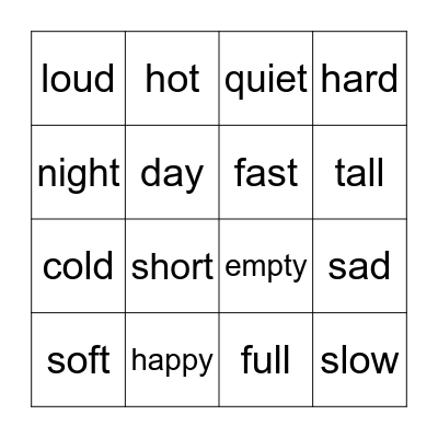 OPPOSITES BINGO Card
