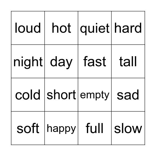 OPPOSITES BINGO Card