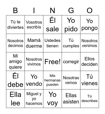 ER/IR Verbs Bingo Card