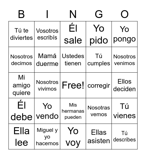 ER/IR Verbs Bingo Card