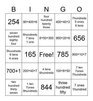 Place Value Bingo Card