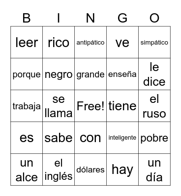 Spanish 9 - Unit 2 Bingo Card