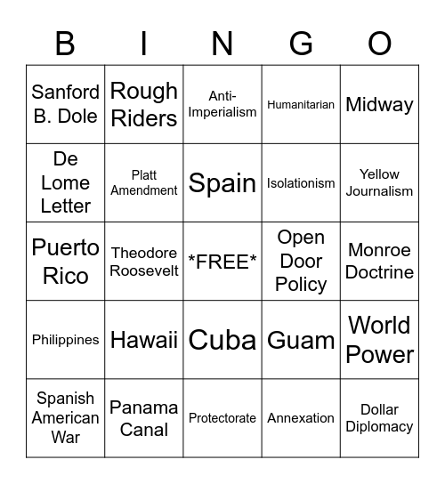 American Imperialism Bingo Card