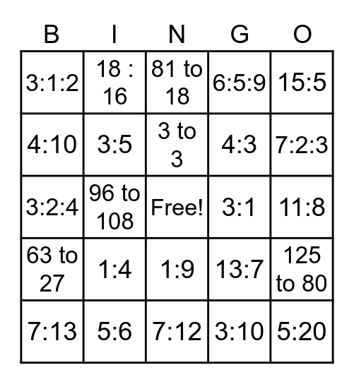 Equivalent Ratio Bingo Card