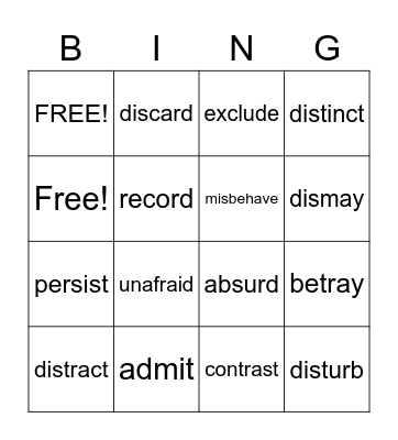 Vocabulary Words Bingo Card