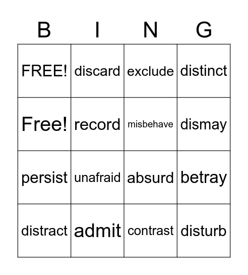 Vocabulary Words Bingo Card