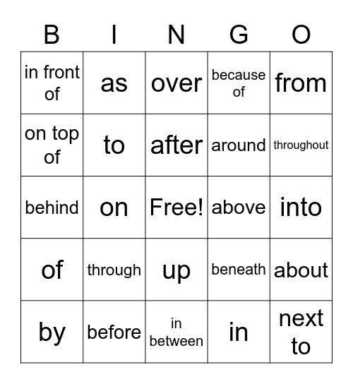 Prepositions Bingo Card