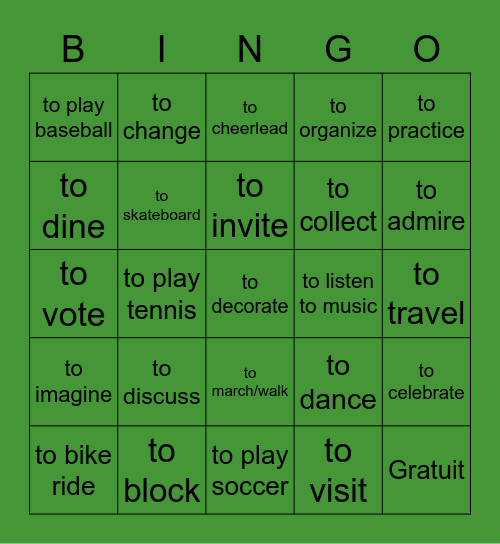 French-English Cognates Bingo Card