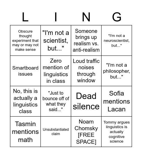 LING 419 Bingo Card