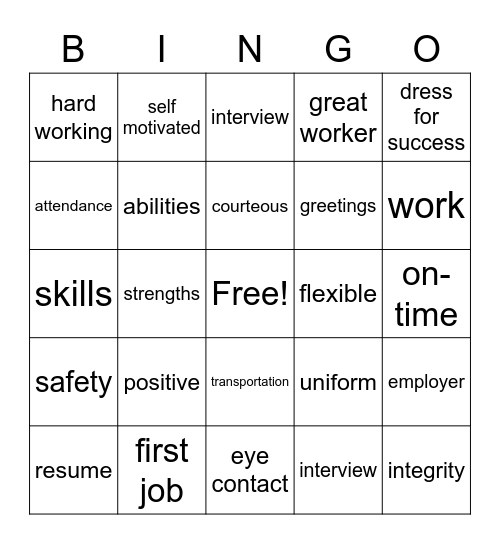Job Club Bingo Card