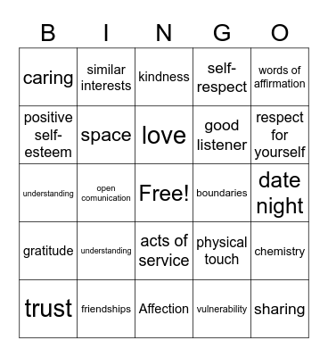 Healthy Relationships Bingo Card