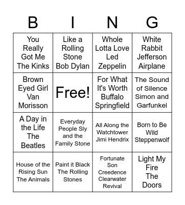 1960s BING (no O) Bingo Card