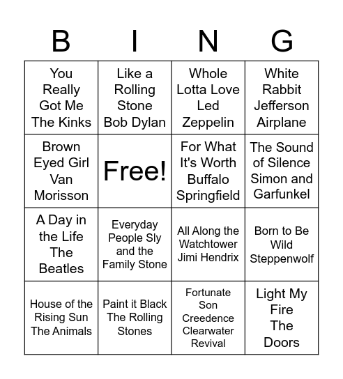 1960s BING (no O) Bingo Card