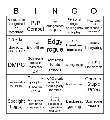 D&D Pain Bingo Card