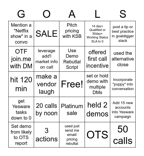 Team GoalDiggers Bingo Card