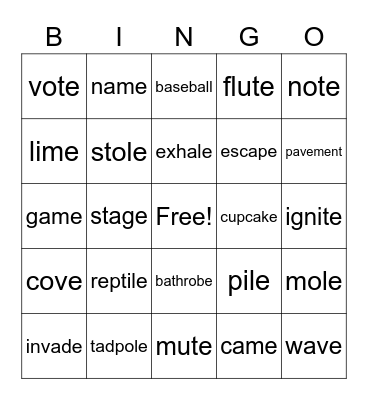 Silent E Bingo Card