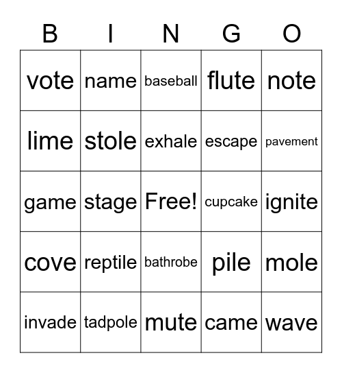 Silent E Bingo Card