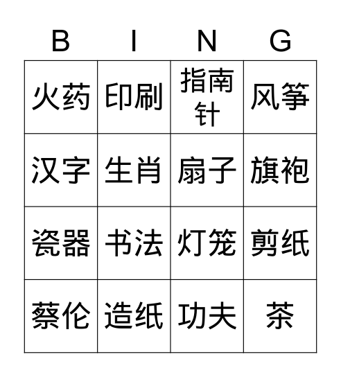 中国文化 四大发明 Bingo Card