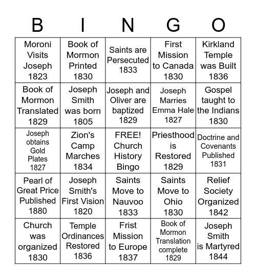 LDS Church History Bingo Card