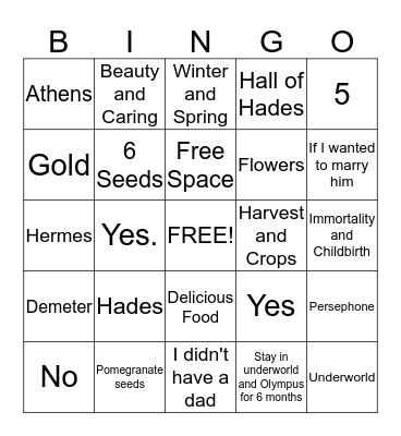 Persephone Bingo Card