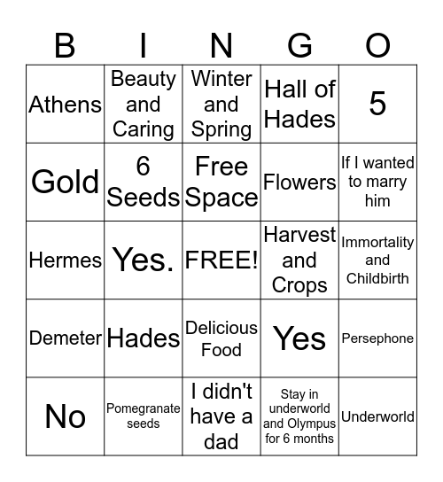 Persephone Bingo Card