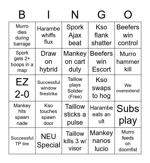 Beefers 10/8-10/9 Bingo Card