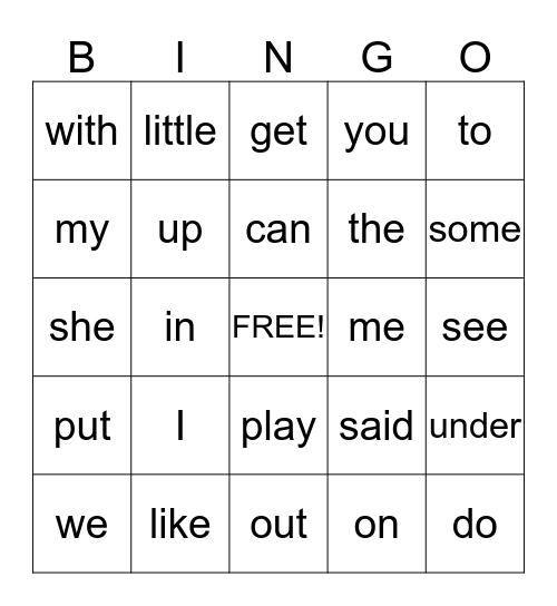 Sight Word Bingo Card