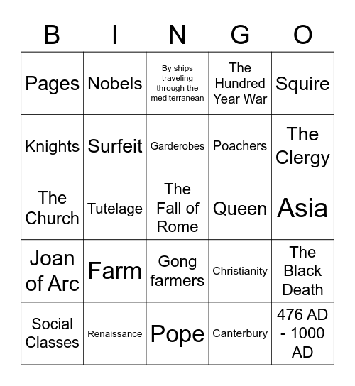 The Dark Ages Bingo Card