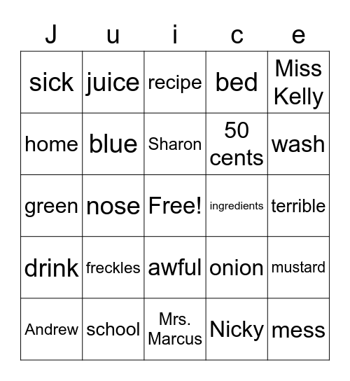 Freckle Juice Bingo Card