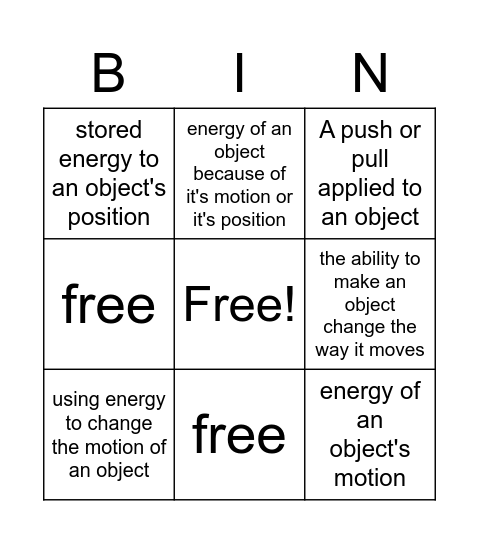 Mechanical Energy Bingo Card