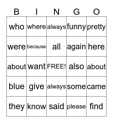 Sight Word Bingo 7 Bingo Card