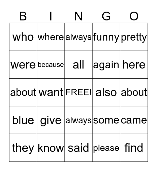 Sight Word Bingo 7 Bingo Card
