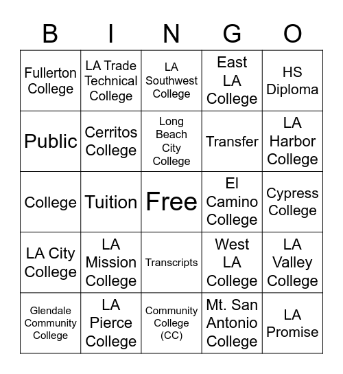 Community College Bingo Card