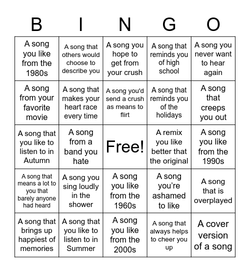 35 Day Song Challenge Bingo Card