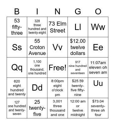 Numbers, Letters, Prices, Times, Addresses Bingo Card
