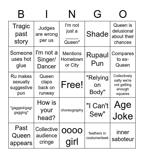 Drag Race Bingo Card