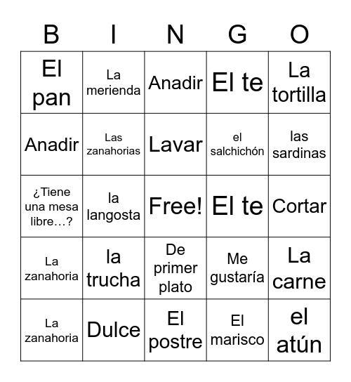 Comida Bingo Card