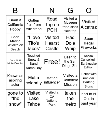 California Bingo Card