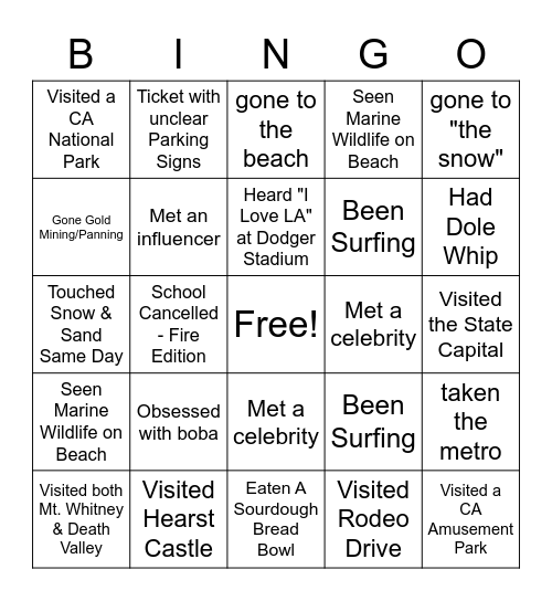 California Bingo Card