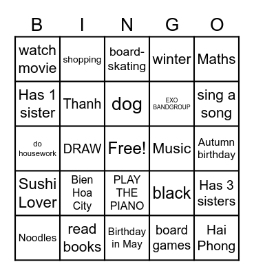 All About Me Bingo Card