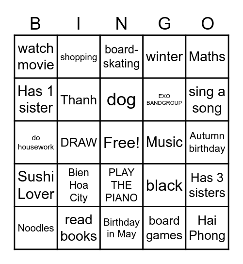 All About Me Bingo Card