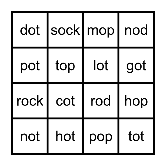 Short o Bingo Card