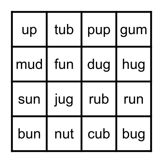 Short u Bingo Card