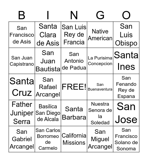 California Missions Bingo Card